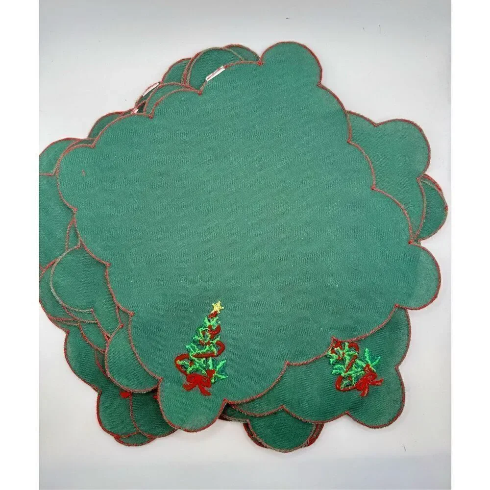 Linen Christmas Napkins Set of 12 Green Embroidered Christmas Tree 7 X 7”